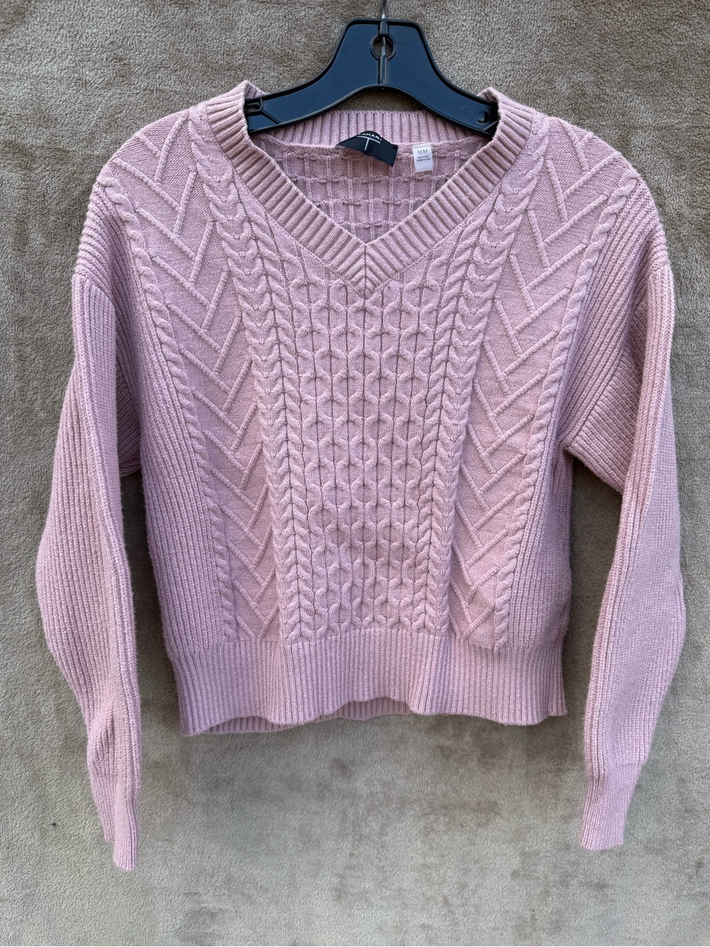 Tahari Dusty Pink Cable V-Neck Sweater